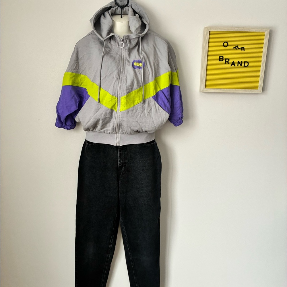 Gray and Purple Hooded Jacket with Neon Green Accents